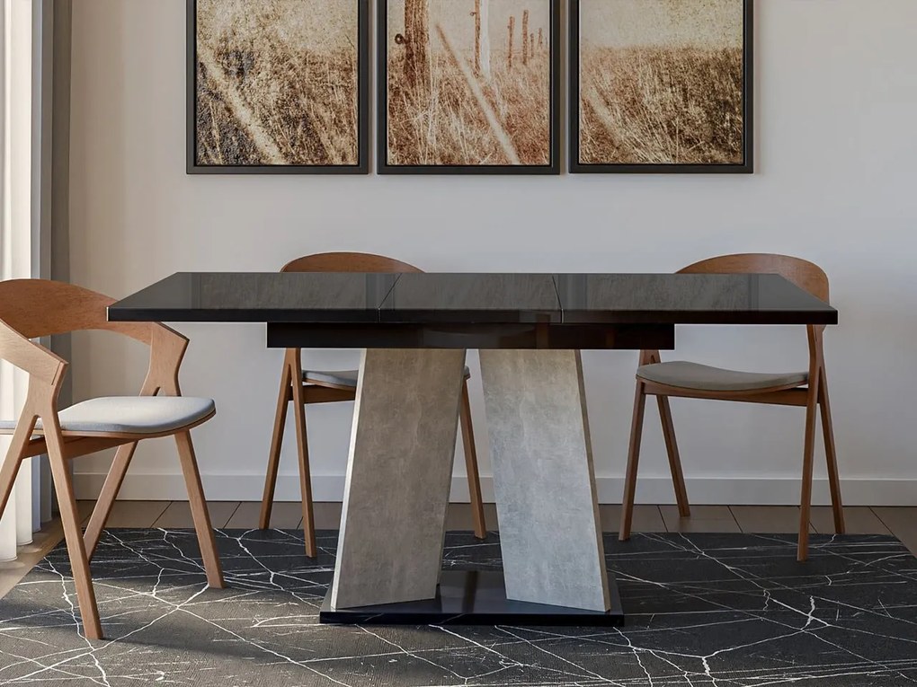 Masă sufragerie extensibilă 120 cm Jeremias (lucios Negru + beton) (pentru 4-6 persoane). 1105344