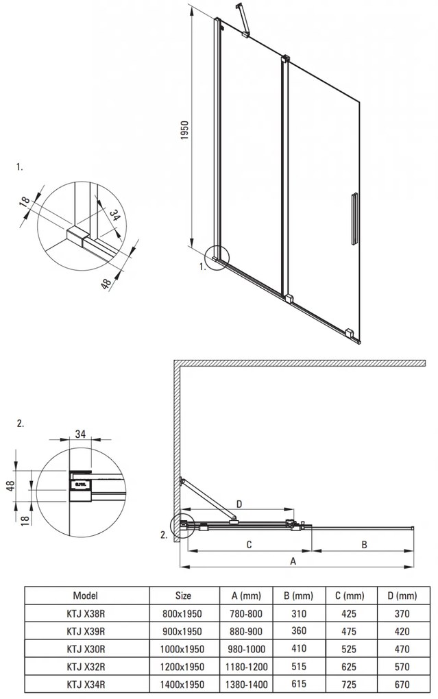 Paravan dus sticla auriu lucios securizata walk-in cu usa glisanta, 140x195 cm, Deante Prizma Auriu lucios, 1400x1950 mm