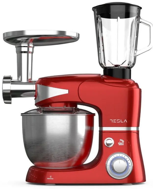 Robot de bucatarie cu bol de otel Tesla KR600RA, 1000W, 5 litri, Blender, Mixer, Masina de tocat carne, Rosu metalic