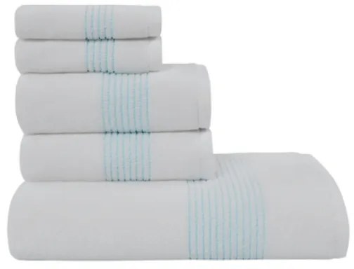 Set cadou prosoape și prosop de corp AQUA, 5 buc Alb / broderie Turcoaz Set (2 buc 33x33cm, 2 buc prosop 45x90cm, prosop de corp 75x150cm)