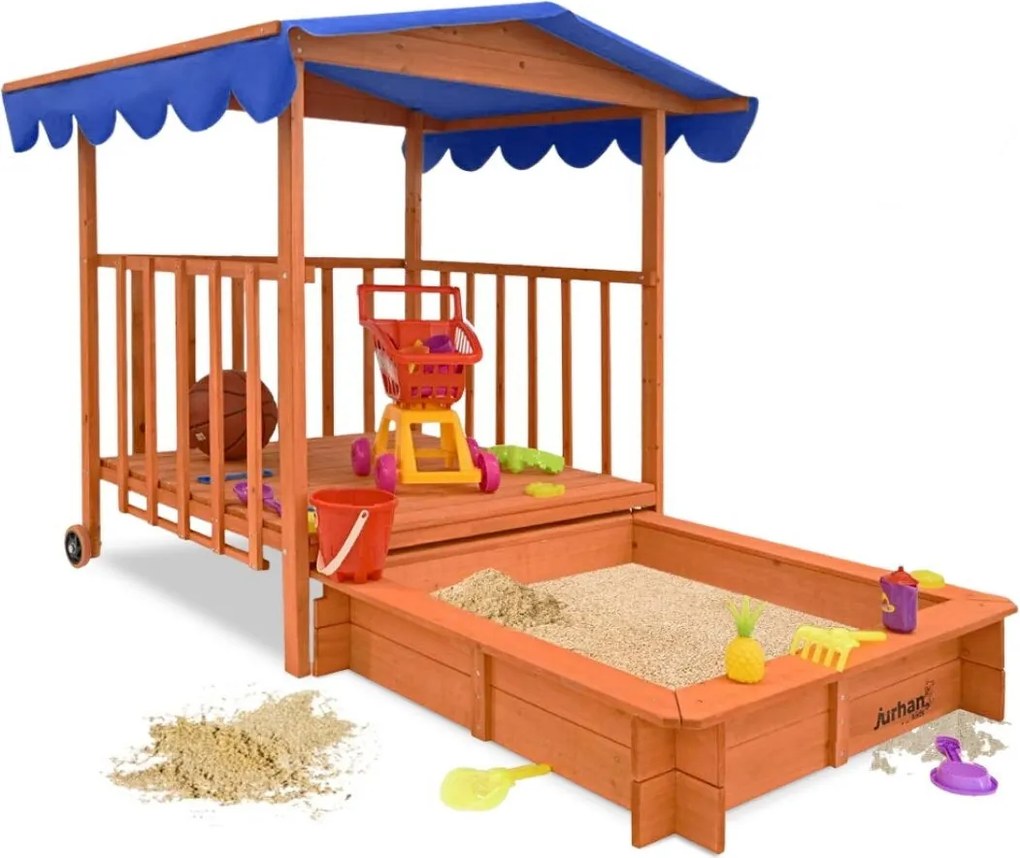 Groapa cu nisip cu verandă HAPPY, 130x130x143cm, maro/albastru Jurhan