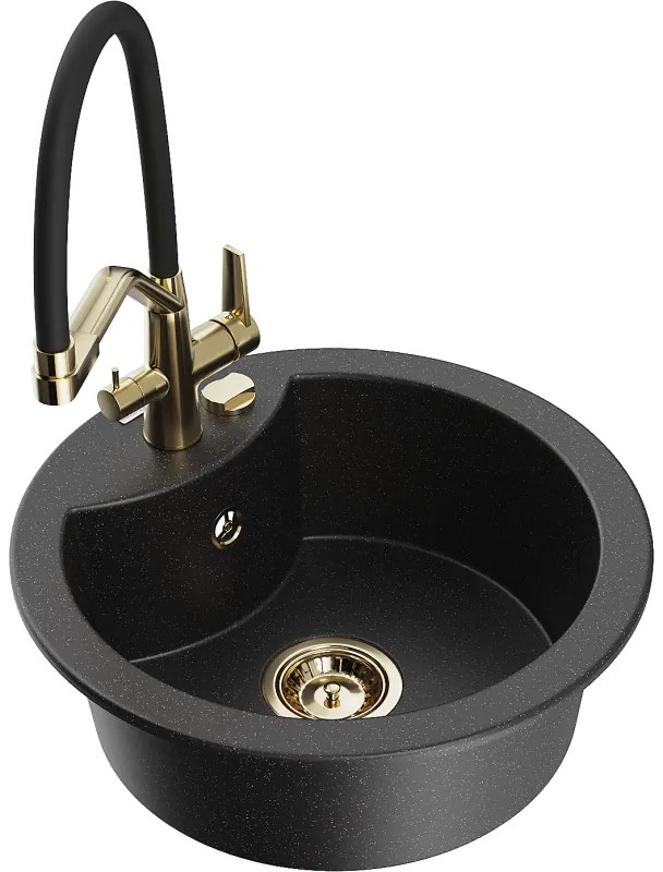 Mexen Diego chiuvetă de bucătărie din granit cu 1 cuvă și baterie Duo, negru/argintiu metalic - 6512-73-671701-57-G