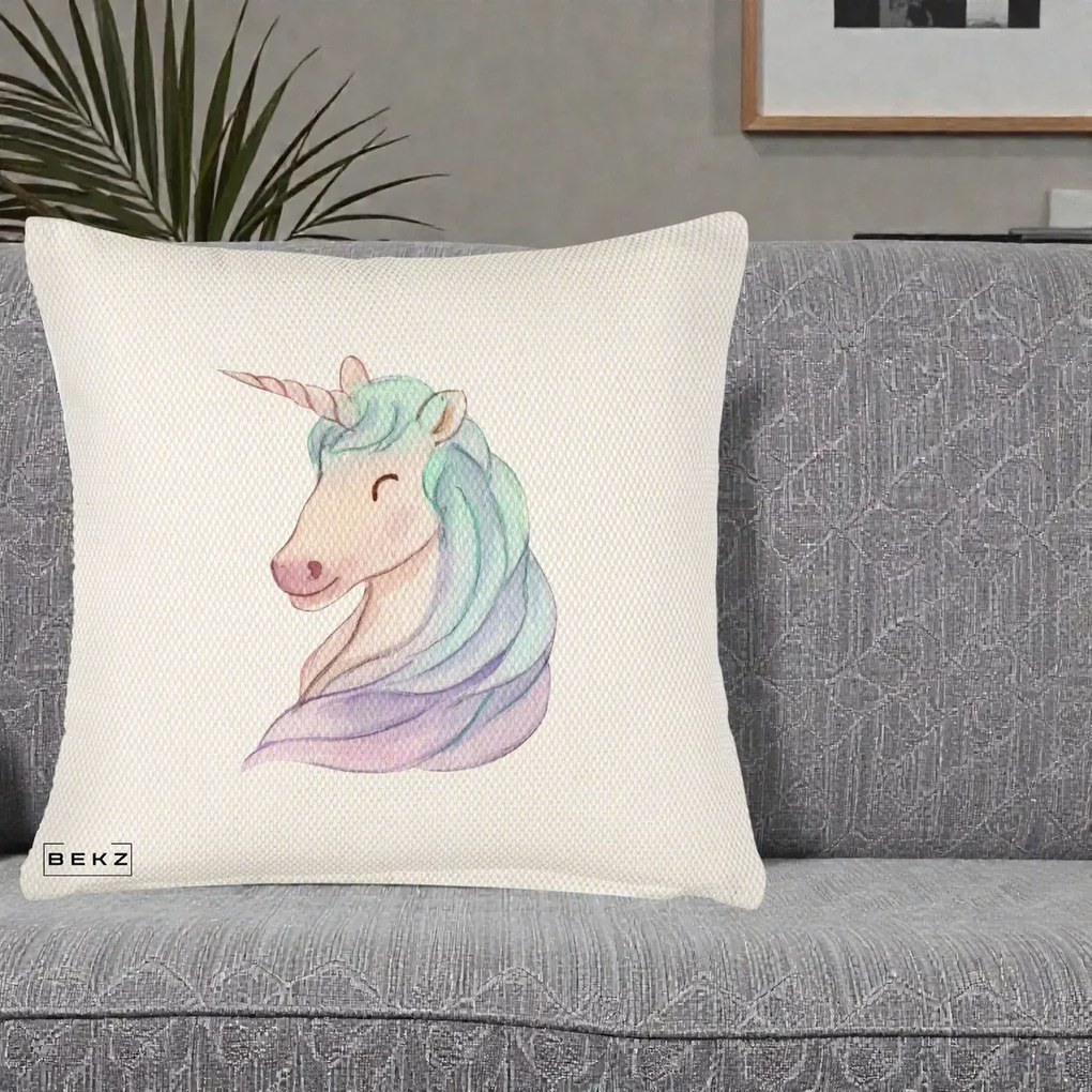 Perna Decorativa Unicorn Acuarela Pastel, 40x40 cm, Crem Reliefat, Husa Detasabila, Perna Inclusa, BEKZ®