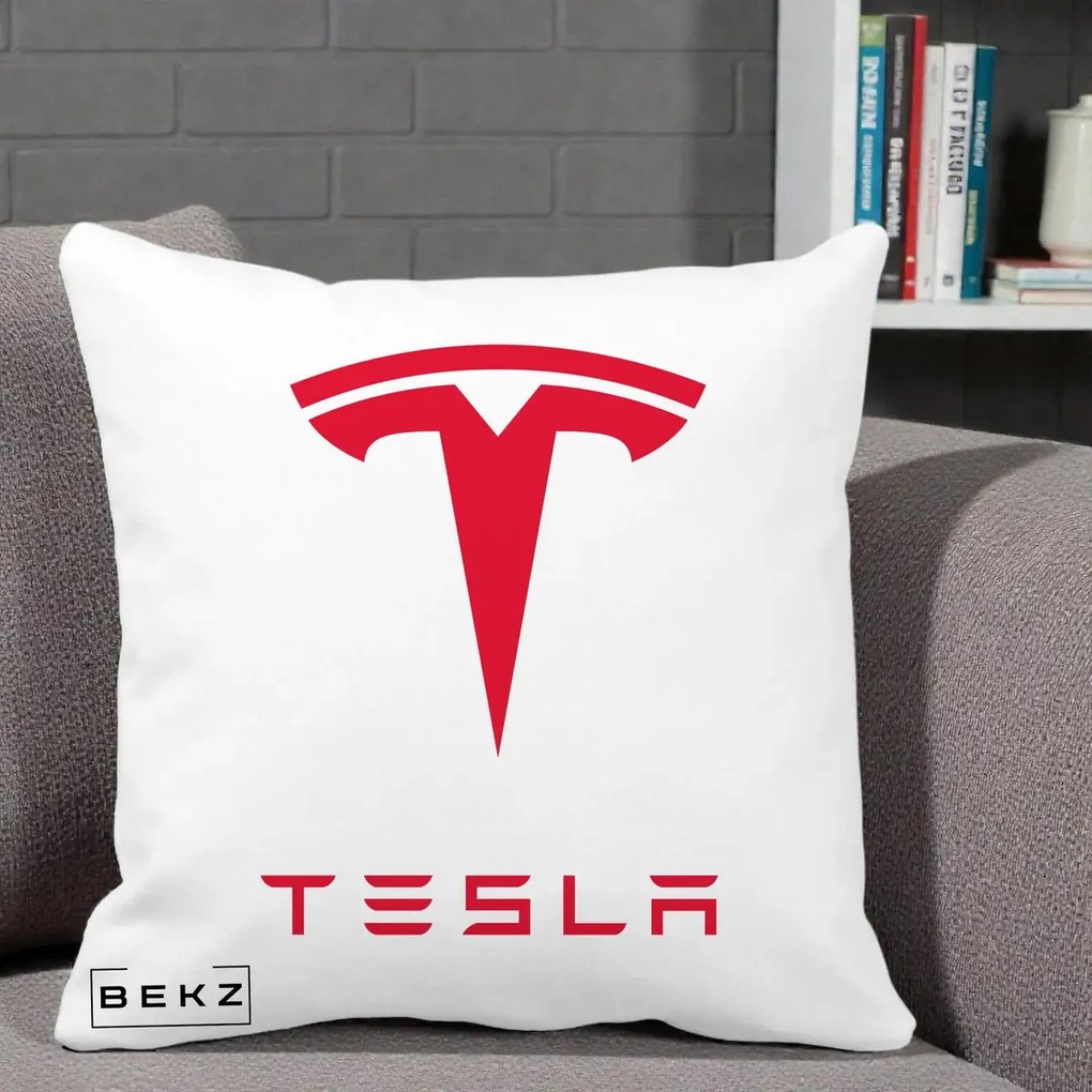 Perna Personalizata cu emblema Tesla, 40x40 cm, Alba Mata, Husa Detasabila, Perna Inclusa, BEKZ®