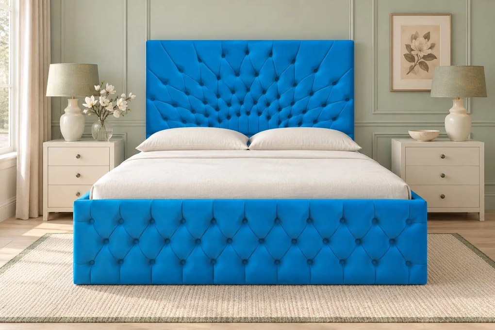 Pat tapițat Chesterfield din catifea Venezia 160×200 cm, albastru deschis, cu ladă de depozitare