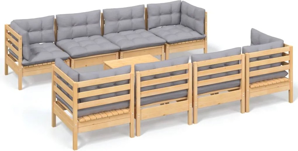 vidaXL Set mobilier de grădină cu perne gri, 9 piese, lemn masiv pin