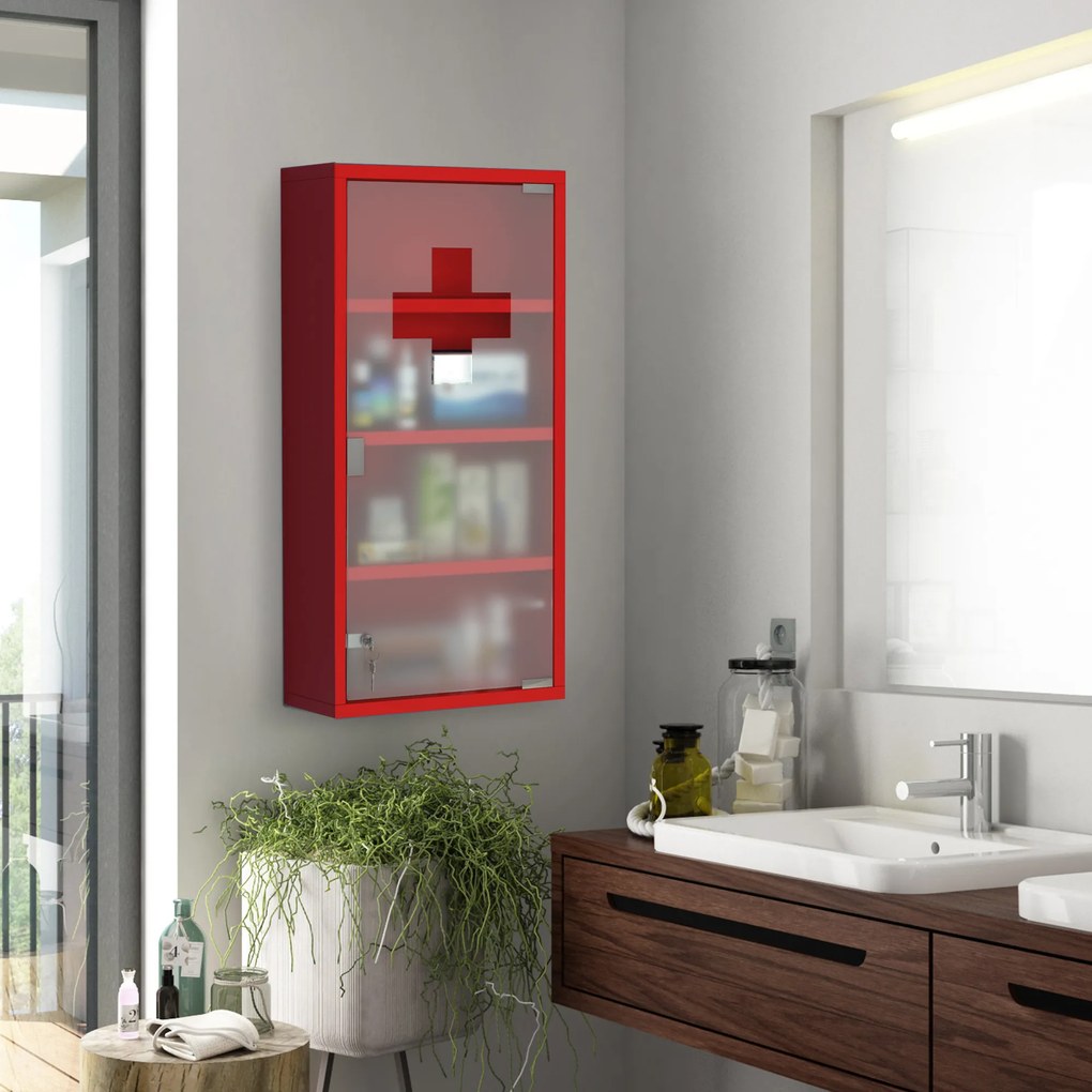 HOMCOM Dulap Prim Ajutor Montabil Perete, Cutie Medicamente, 60x30x12 cm, Roșu | Aosom Romania