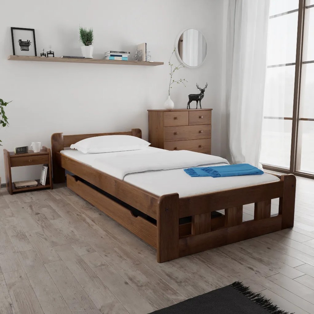 Pat inalt Naomi 90x200 cm, stejar Saltele: Cu saltele Somnia 18 cm, Somiera pat: Cu lamele curbate