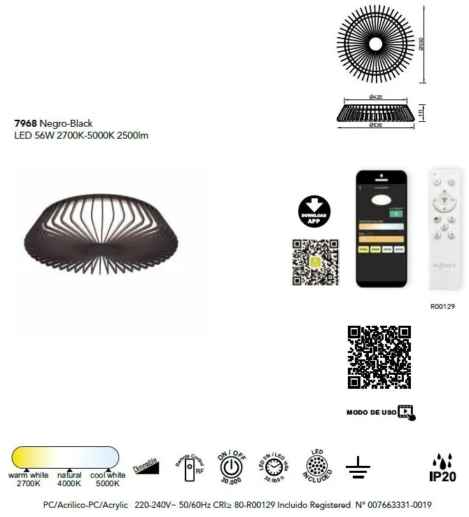 Plafoniera LED Smart dimabila cu telecomanda HIMALAYA 56W neagra