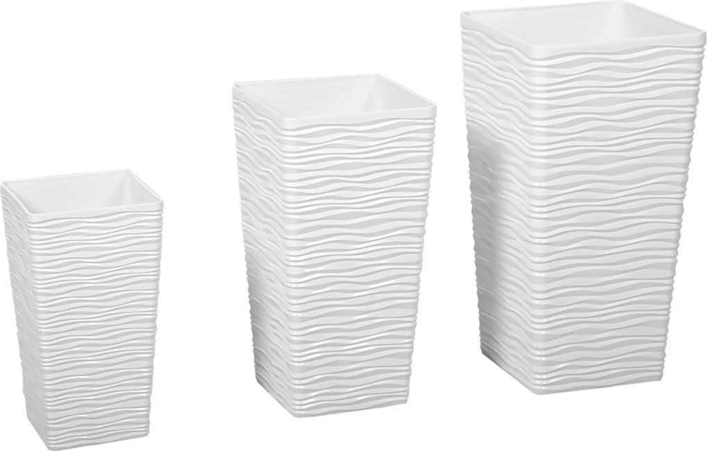 Outsunny Set de 3 Ghivece de Exterior Suprapozabile cu Model Ondulat, Ghivece Pătrate din Plastic pentru Flori cu Orificii de Drenaj, 42/55/65 cm, Alb, Negru, Maro | Aosom Romania