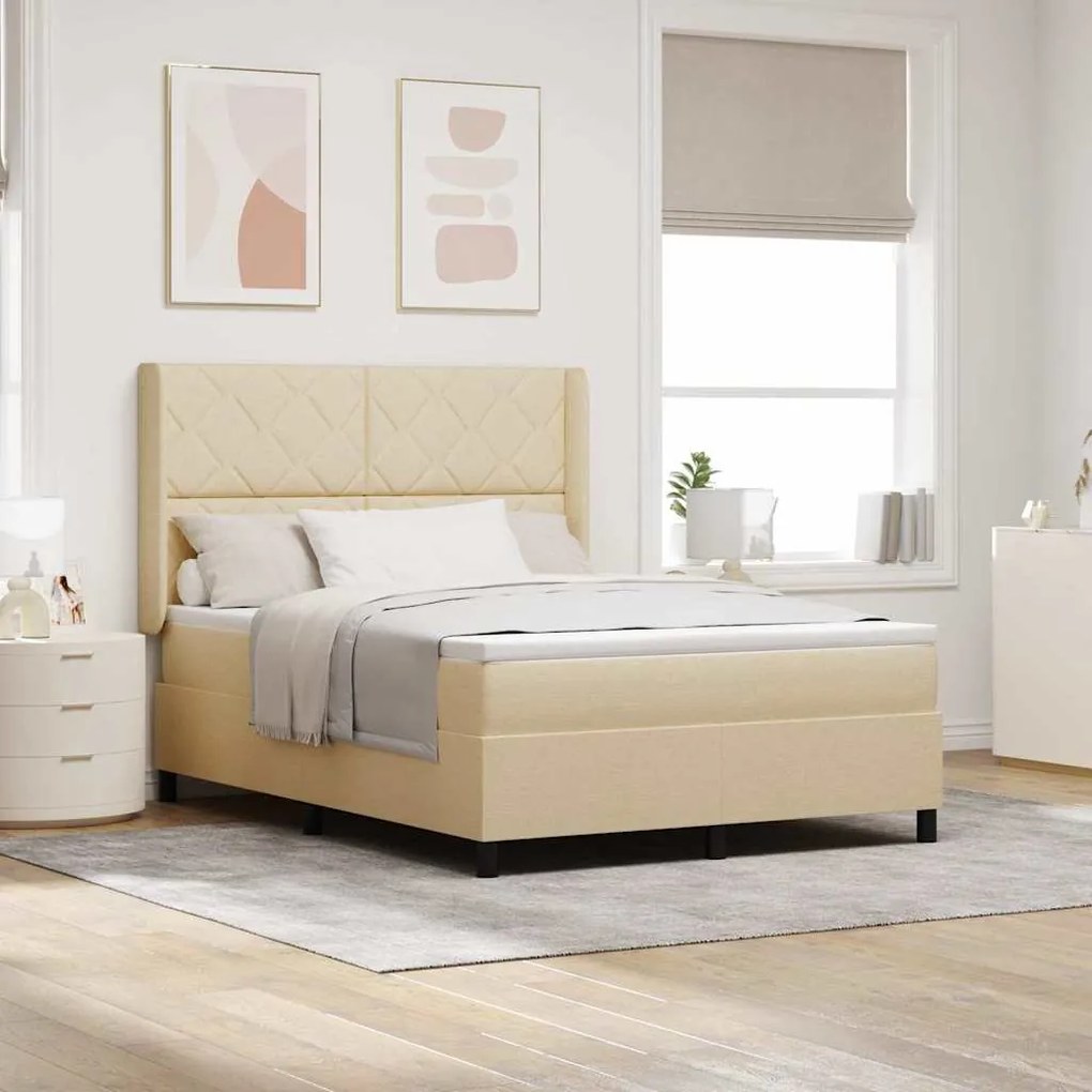 vidaXL Pat cu arcuri cu lumini cu bandă LED cu headboard Crem 140 x 190 cm Tesatura