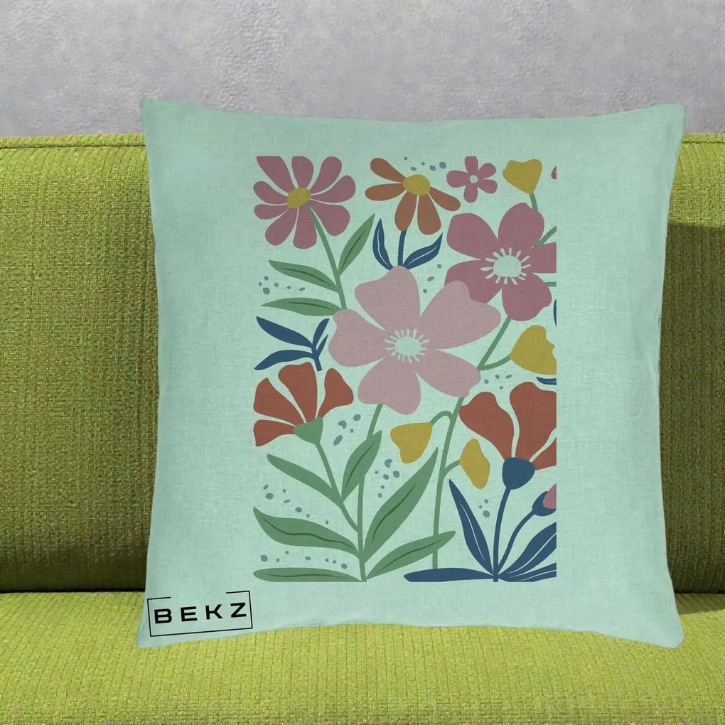 Perna Decorativa Flori Grafice Roz si Terracotta, 40x40 cm, Verde Menta, Husa Detasabila, Perna Inclusa, BEKZ®