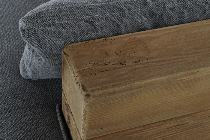 Canapea 3 locuri din stofă gri și structura din lemn masiv reciclat, „Rovere"