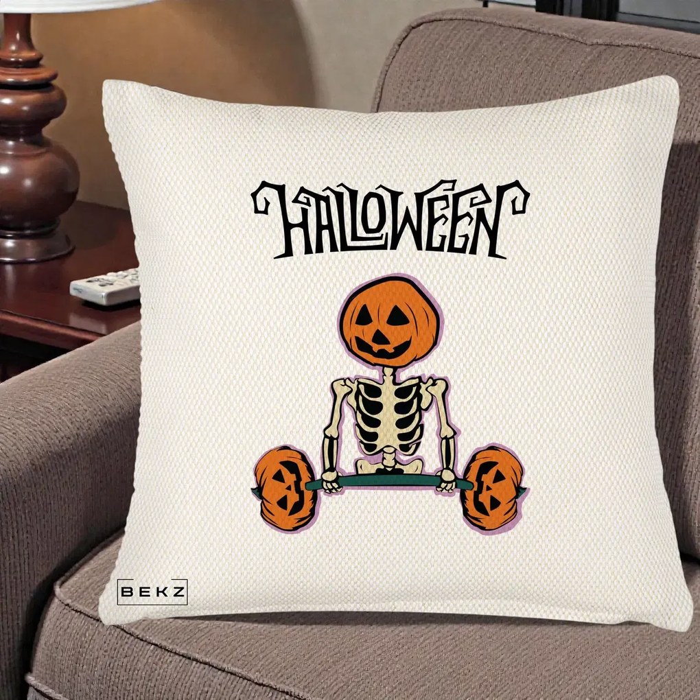 Perna Decorativa Halloween Schelet cu Cap de Dovleac Powerlifting, 40x40 cm, Crem Reliefat, Husa Detasabila, Perna Inclusa, BEKZ®