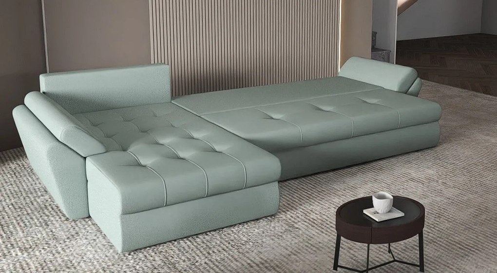 Colțar extensibil dumonde cu ladă de depozitare si sezut confortabil din spuma high-density, Loana XL Enjoy Mint II 335x185 cm
