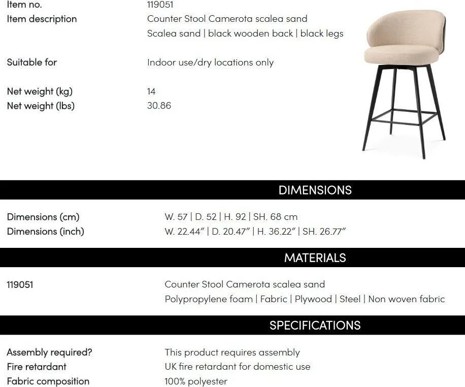 Scaun de bar design elegant LUX Camerota, Scalea sand