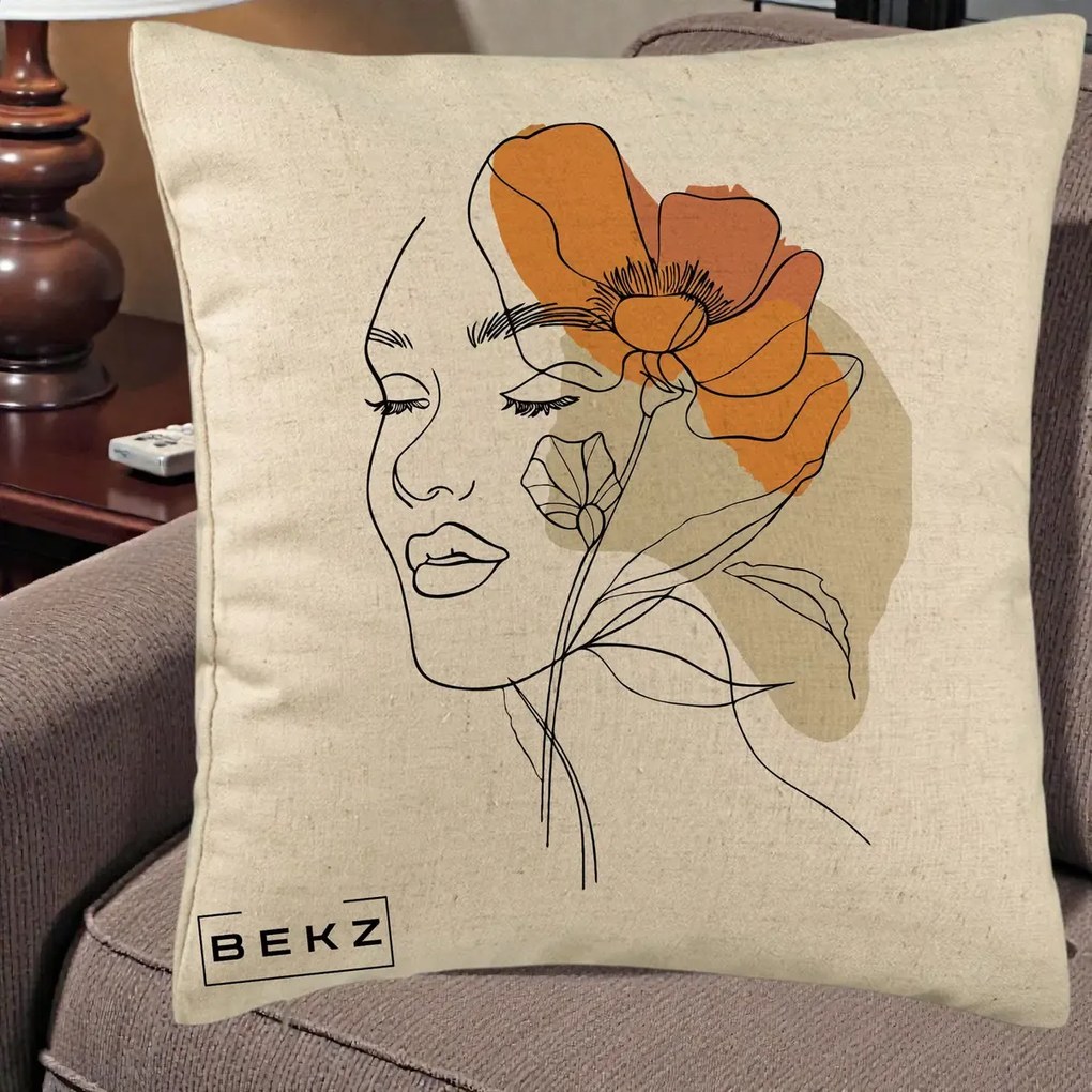 Perna Decorativa Portret Feminin Mac Mare Portocaliu, 40x40 cm, Bej, Husa Detasabila, Perna Inclusa, BEKZ®