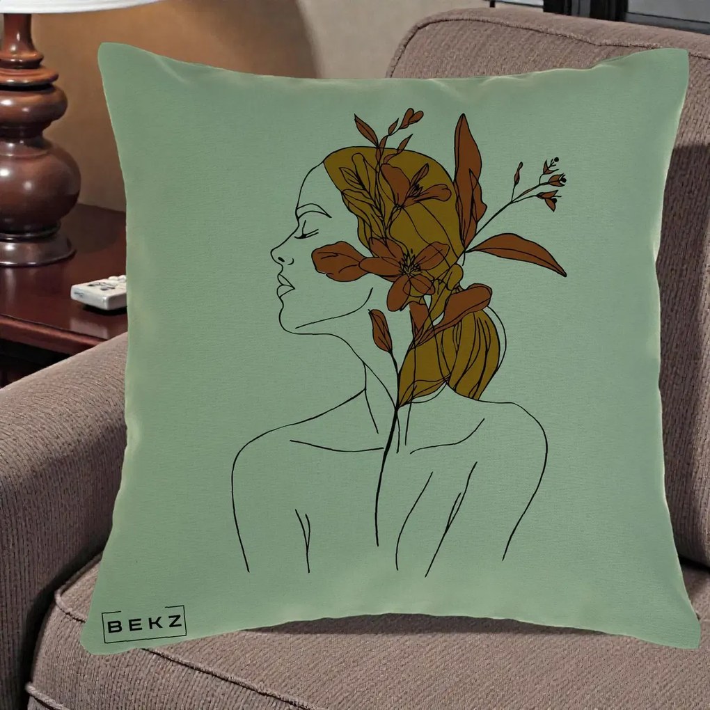 Perna Decorativa Portret Feminin Crin Ruginiu Auriu, 40x40 cm, Verde, Husa Detasabila, Perna Inclusa, BEKZ®