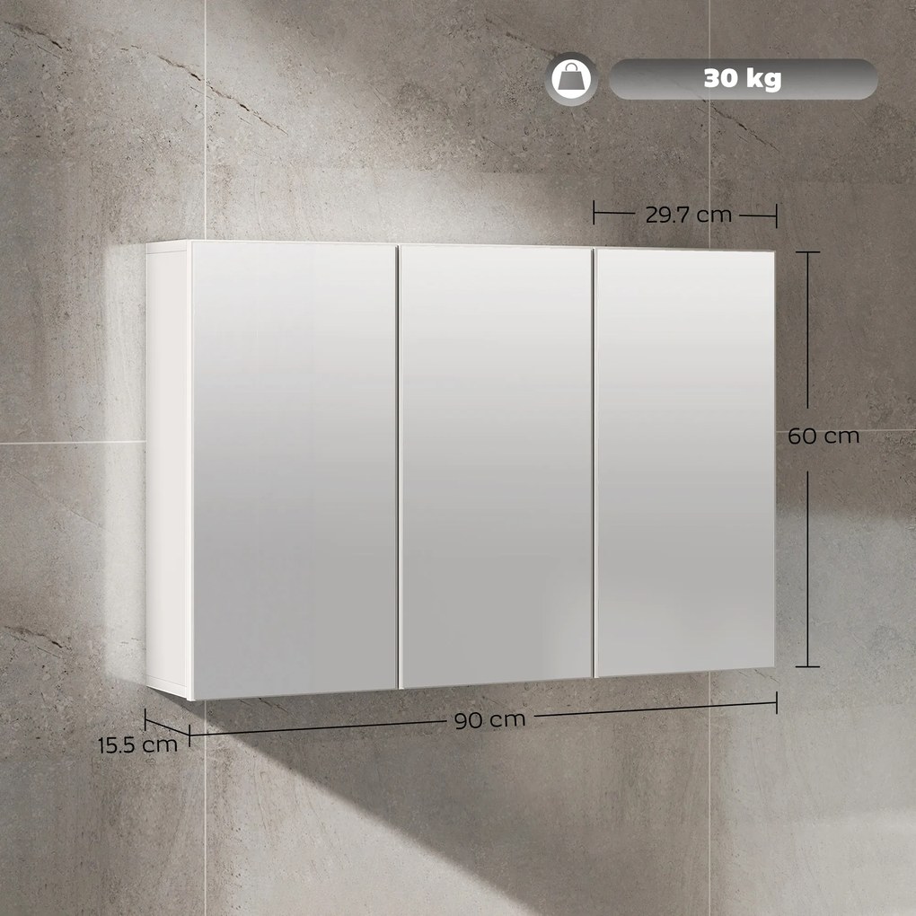 HOMCOM Dulap cu oglindă pentru baie, Badschrank cu 3 uși cu oglindă, Montaj pe perete, 90 x 15,5 x 60 cm, Placă de fibră, Alb | Aosom Romania