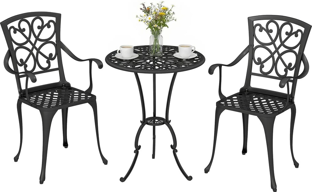 Outsunny Set bistro de grădină 3 piese masă bistro rotundă cu 2 scaune orificiu pentru umbrelă, antic din aluminiu turnat | Aosom Romania