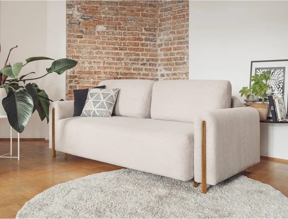 Canapea bej extensibilă/cu spațiu de depozitare cu tapițerie din catifea reiată 244 cm Arcadova – ELTAP