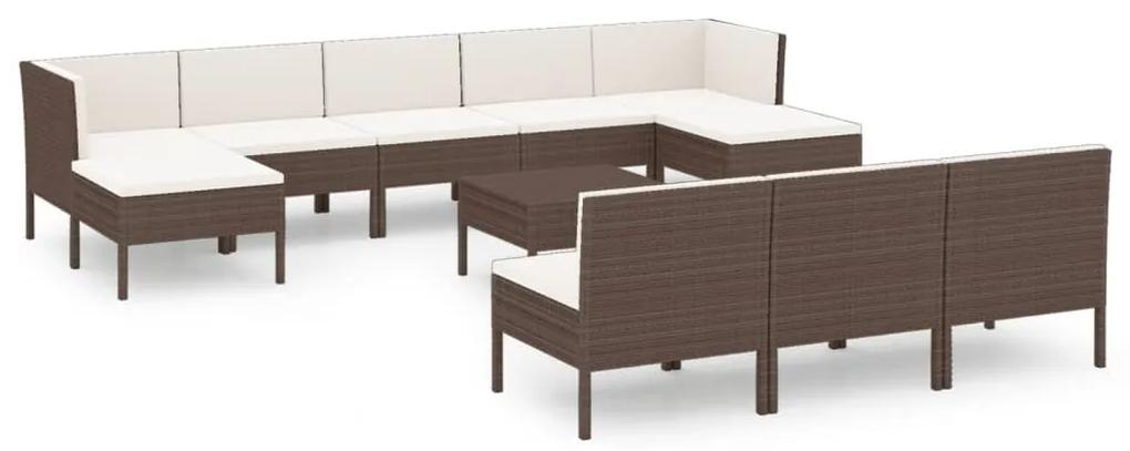 Set mobilier de gradina cu perne, 11 piese, maro, poliratan 2x colt + 6x mijloc + 2x suport pentru picioare + masa, 1