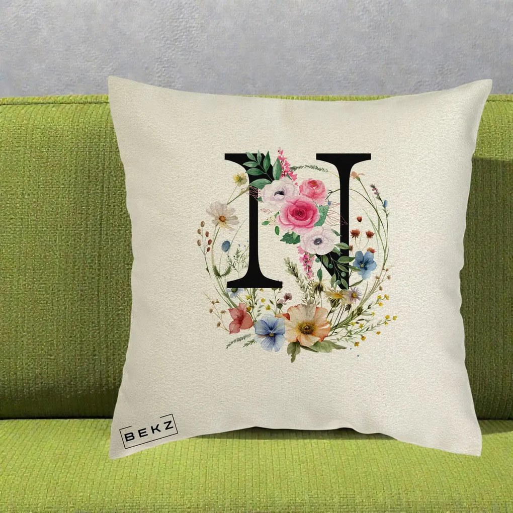 Cadou Personalizat - Perna Personalizata Monogram Litera N cu Flori Acuarela, 40x40 cm, Ecru, Husa Detasabila, Perna Inclusa, BEKZ®
