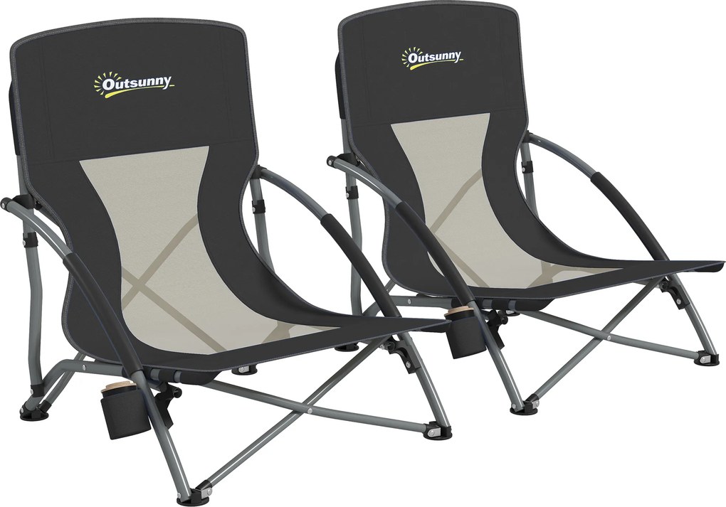 Outsunny Set de 2 Scaune de Plajă Pliabile și Ușoare cu Spătar din Plasă Brațe și Geantă 58x55x62 cm Negru | Aosom Romania