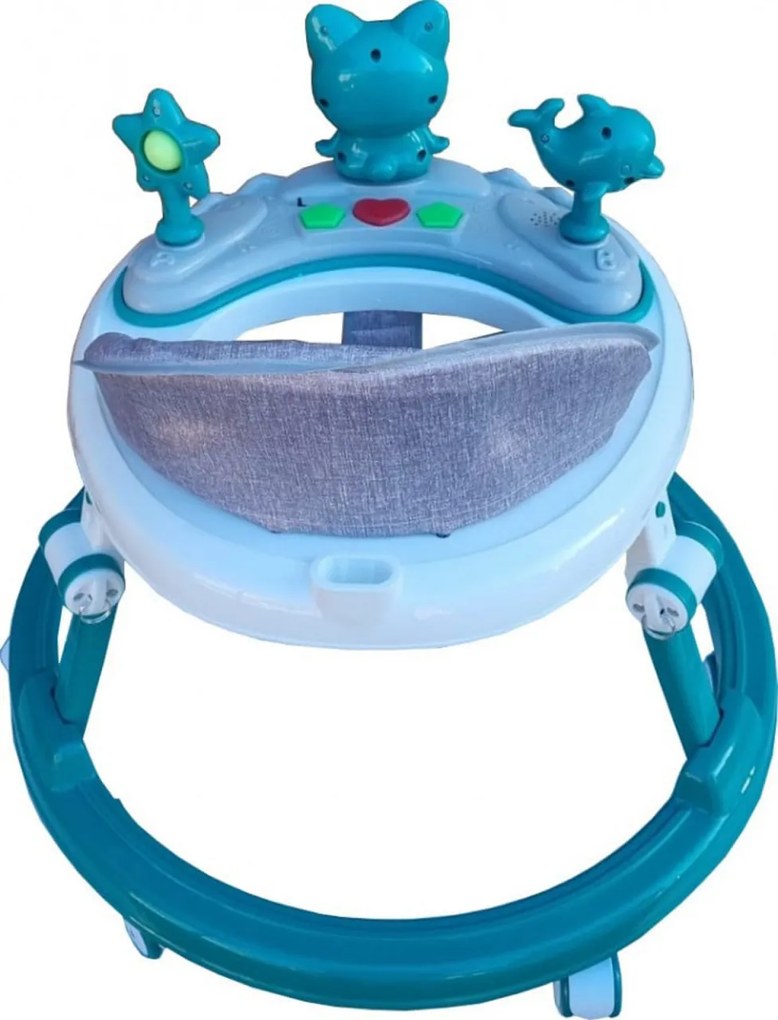Premergator reglabil in 6 trepte de inaltime NOVOKIDS™ Happy Kitty, Cu melodii, Pliabil, Max 20 kg, Roti silentioase, Model Pisicuta, Verde Turquoise
