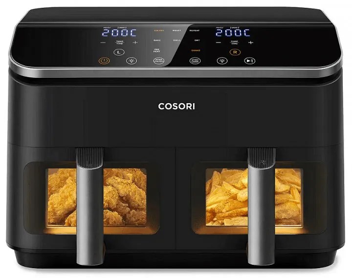 Friteuza cu aer cald Cosori Dual Basket CAF-R901-AEU, 1750 W, 8.5 L, 8 programe, Timer, Ecran tactil, Negru