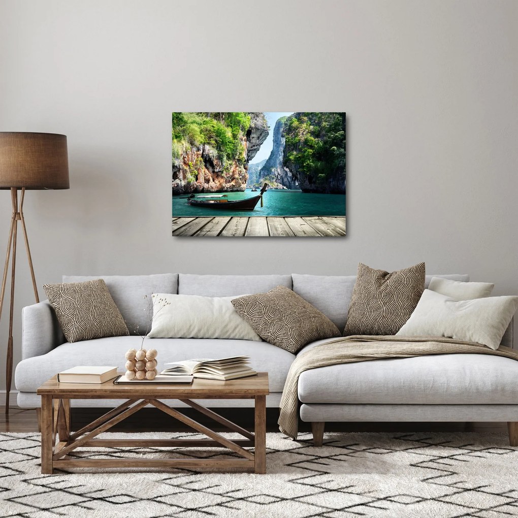 Tablou - Apă peisaj mediteranean cu barca (70x50 cm)