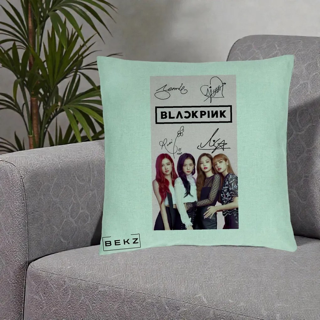 Perna Personalizata K-pop BLACKPINK Semnaturi si Foto, 40x40 cm, Verde Menta, Husa Detasabila, Perna Inclusa, BEKZ®