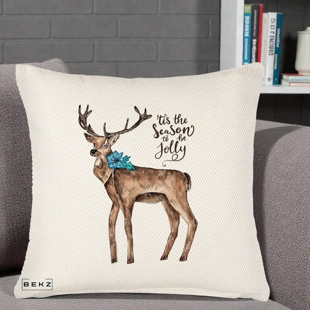 Perna Decorativa Ren Tis the Season to be Jolly, 40x40 cm, Crem Reliefat, Husa Detasabila, Perna Inclusa, BEKZ®