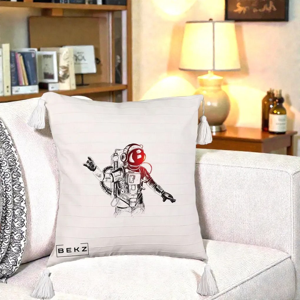 Perna Decorativa Astronaut Rock Sketching, 40x40 cm, Bej cu Franjuri, Husa Detasabila, Perna Inclusa, BEKZ®