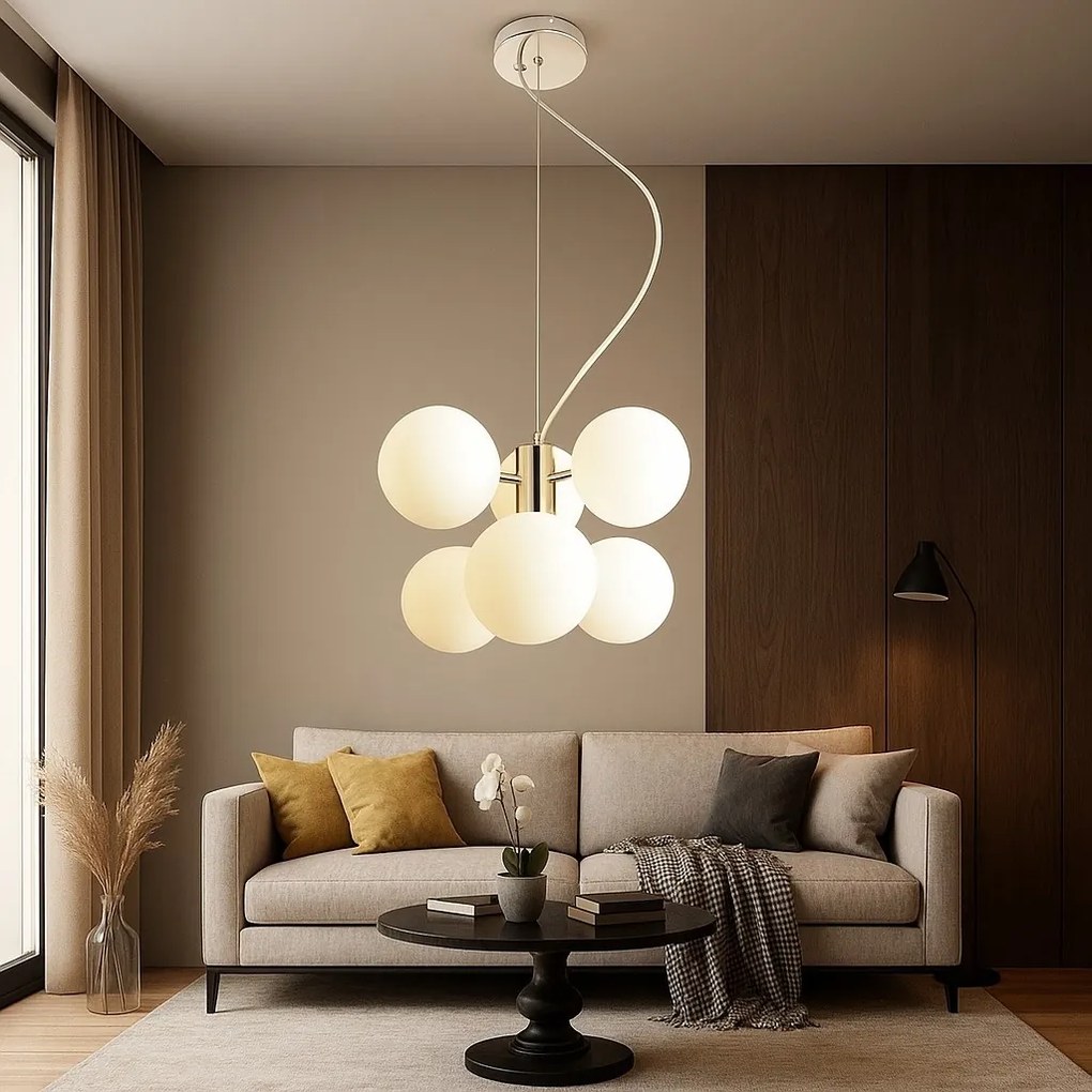 Pendul Modern cu 6 Globuri Opal, G9, 300×730 mm – Iluminare Decorativă Elegantă