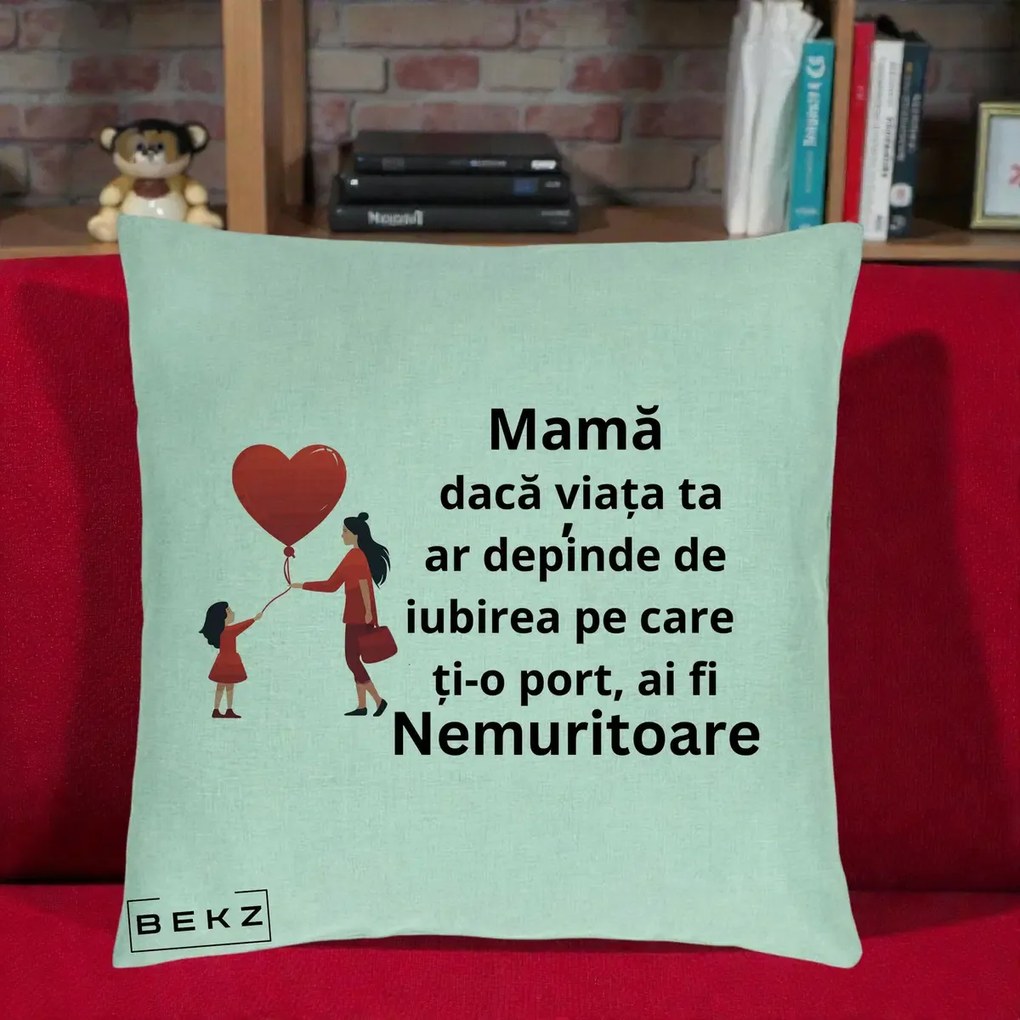 Cadou pentru Mama - Perna Personalizata Mama Nemuritoare cu Bebelus Kawaii, 40x40 cm, Verde Menta, Husa Detasabila, Perna Inclusa, BEKZ®