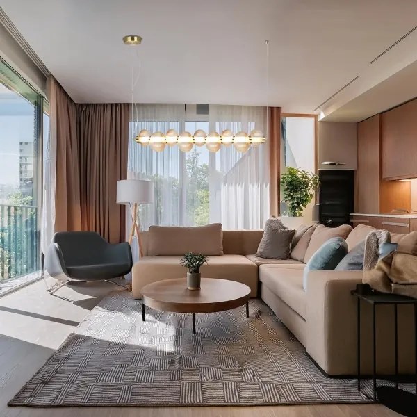 Lustră LED pe cablu BOLLA, 32W/230V, auriu/bej fumuriu