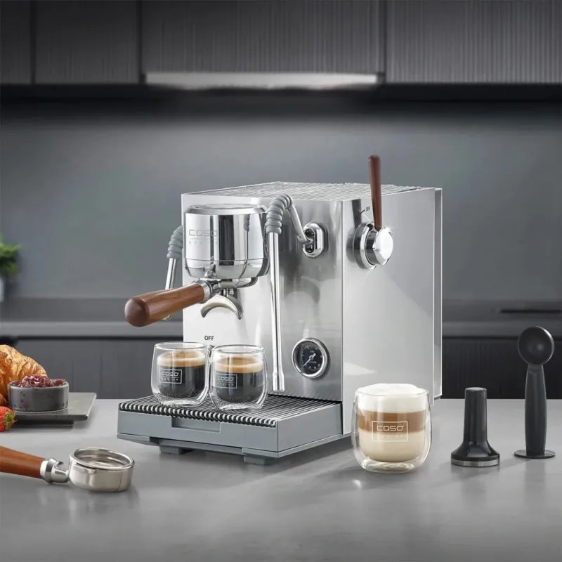 Espressor cu portfiltru Caso Design EspressoGourmet Advanced, 3000 W, 19 bari, 2 l, ULKA, PID, Manometru, Semiprofesionala, Spumare lapte, Otel inoxidabil