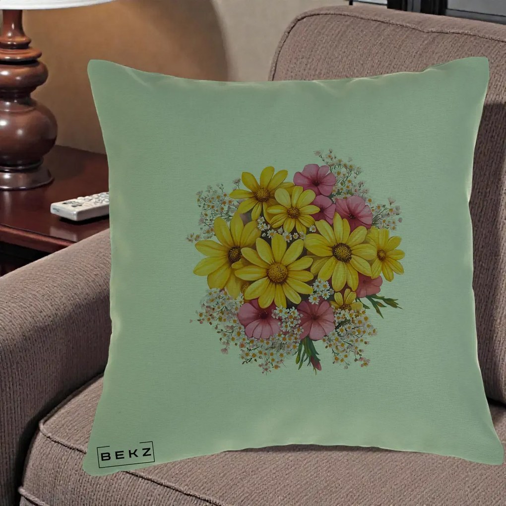 Perna Decorativa Floarea-Soarelui cu Cosmos Roz si Gypsophila, 40x40 cm, Verde, Husa Detasabila, Perna Inclusa, BEKZ®