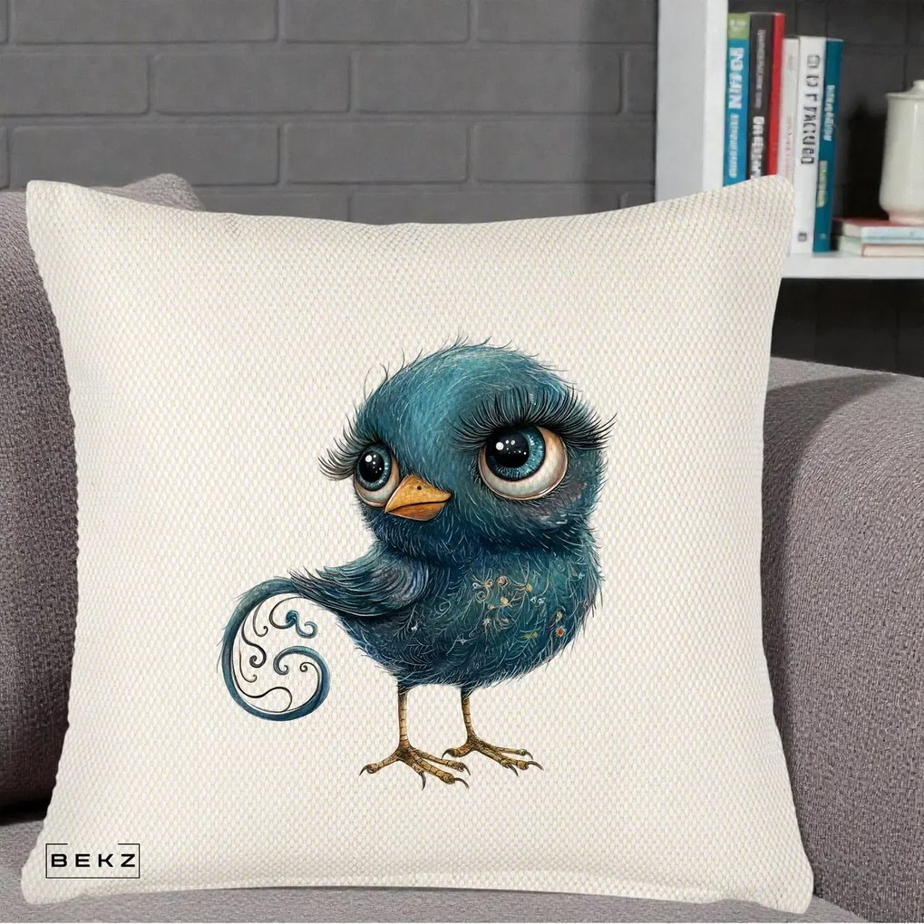 Perna Decorativa Pasare Teal cu Motive Aurii si Coada Spiralata, 40x40 cm, Crem Reliefat, Husa Detasabila, Perna Inclusa, BEKZ®