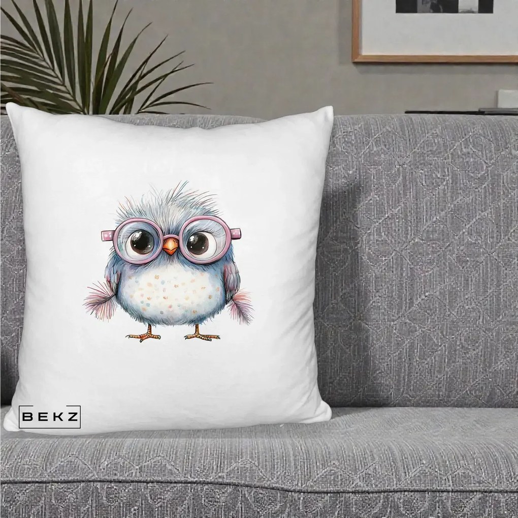 Perna Decorativa Pui Pufos cu Ochelari Roz, 40x40 cm, Alb Pufos, Husa Detasabila, Perna Inclusa, BEKZ®
