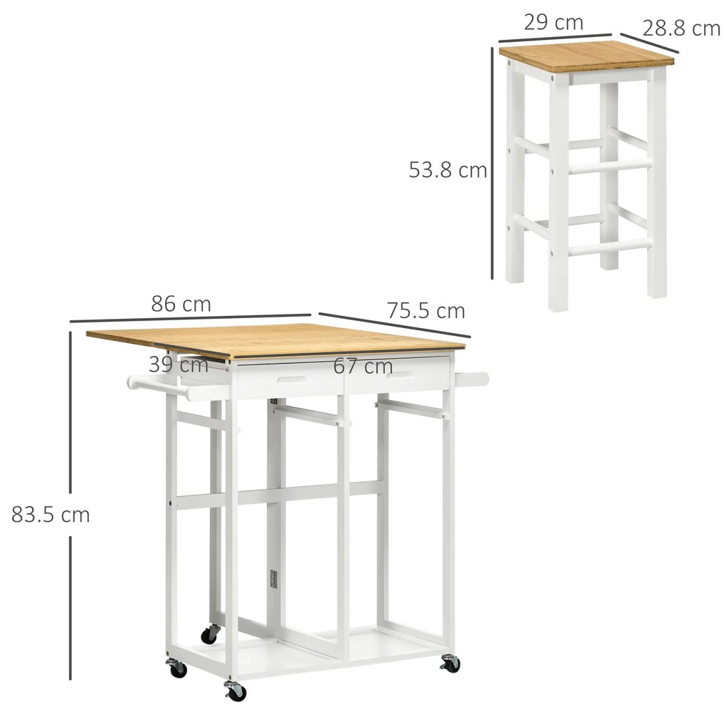 HOMCOM Set masă de bar pliabilă cu roți + 2 taburete alb și lemn deschis - 2 sertare și suport pentru prosop | Aosom Romania