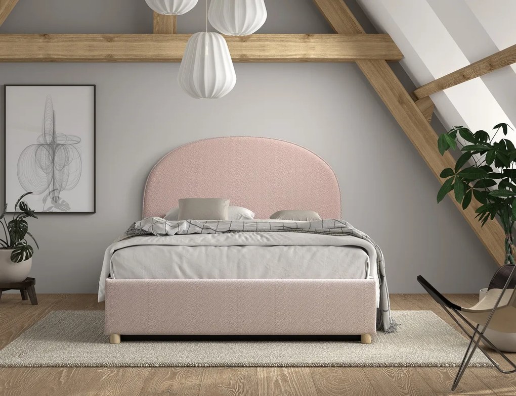 Pat tapițat pentru copii MOON, 140 x 200 cm, roz, cu țesătură bouclé și spațiu de depozitare – Vipack