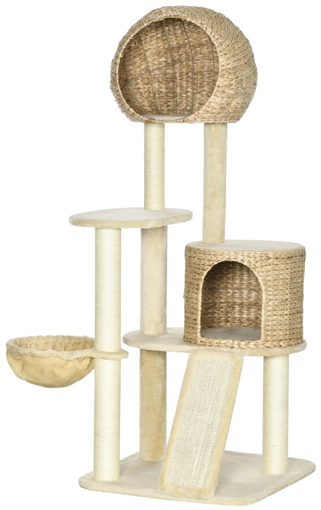 PawHut Arbore de cățărat pentru pisici cu sisal natural, 2 cuiburi, platformă, hamac, pluș, plăci de apă - 60 x 60 x 150 cm, bej | Aosom Romania