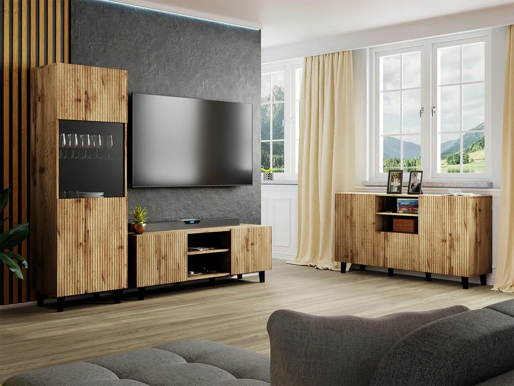 Set camera de zi Charlotte J109Wotan stejar, Negru, Cu componente suplimentare, Părți separate, Cu comodă TV, PAL laminat, Sticlă călită, MDF, 183x42cm, 138 kg