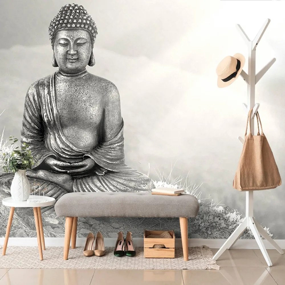Tapet Buddha alb-negru în poziție meditativă