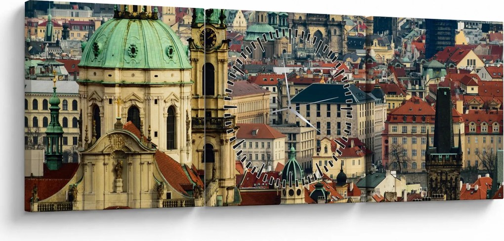 Tablou - Panorama din Praga (cu ceas) (90x30 cm)