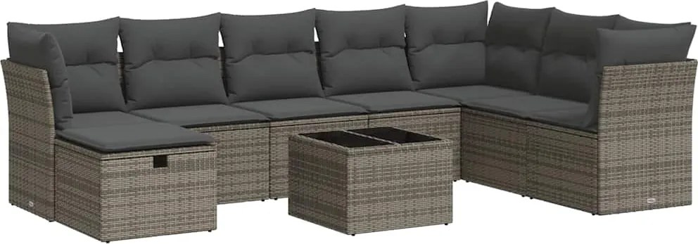 vidaXL Set canapele de grădină, 9 piese, cu perne, gri, poliratan