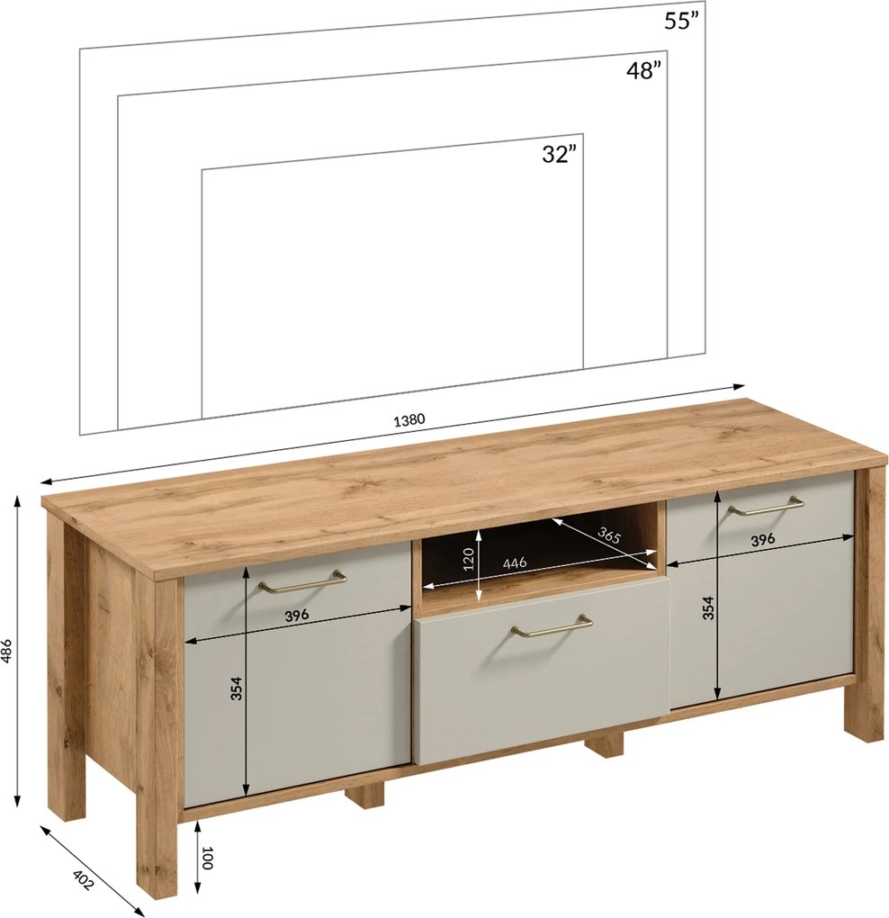 Dulap TV Ertigo 138 cm - stejar wotan/bez