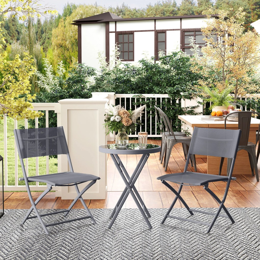 Outsunny Set de bistrou 3 piese pliabil din metal, 2 scaune și 1 masă rotundă, set de grădină exterior pentru 2 persoane, gri | Aosom Romania